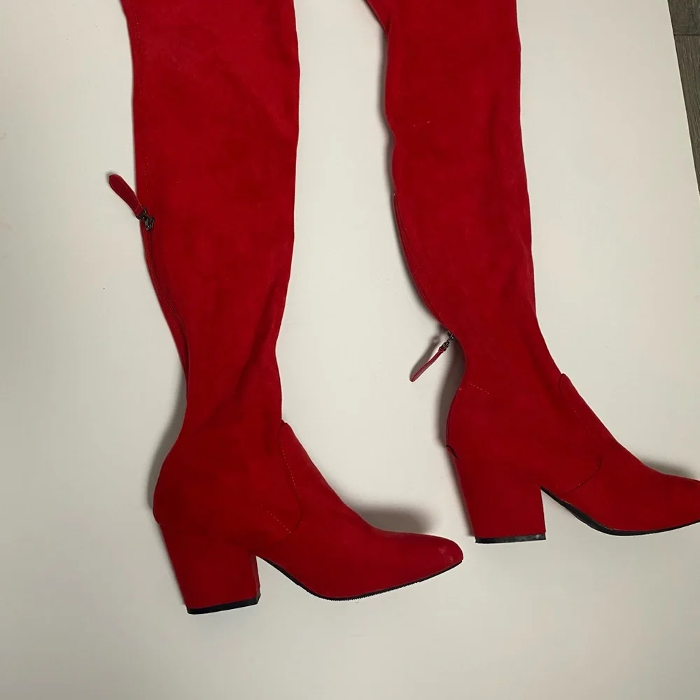 Thigh High Block  Women Pointed Toe Stretch Over The Knee Red  Boots Size 8 - Picture 3 of 8